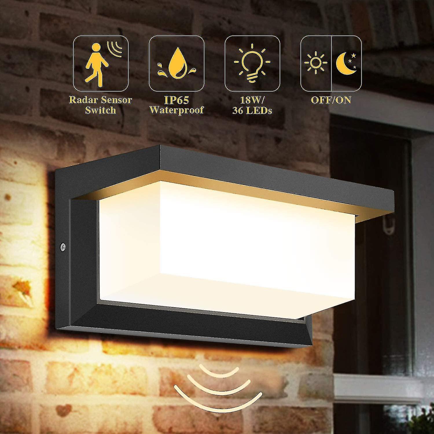 Led Motion Sensor Outdoor Wall Light， 18w Lighting Ip65 Waterproof Square Black Radar Control Light For Entrance， Hallway， Pathway， Patio， Balcony， Ga