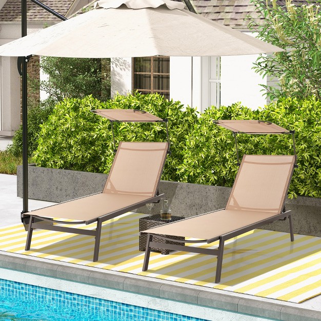 Costway 2 Pcs Outdoor Chaise Lounge Chair With Sunshade 6 level Adjustable Recliner