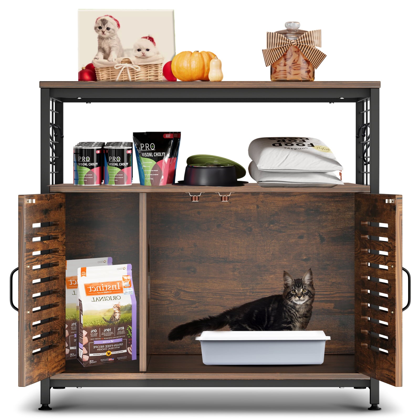 NAIZEA Cat Litter Box Furniture Hidden Pet Crate with Iron and Wood Sturdy Structure-Brown