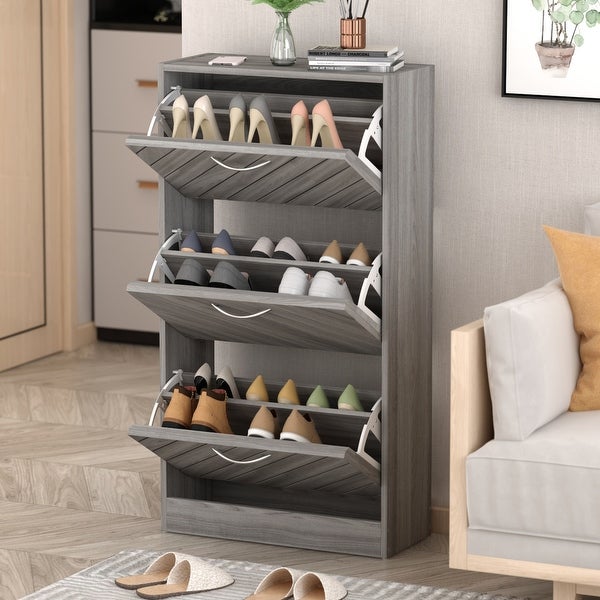 FAMAPY 12 Pair Shoe Storage Cabinet with 2 Drawers， Wood Grey - - 35372764