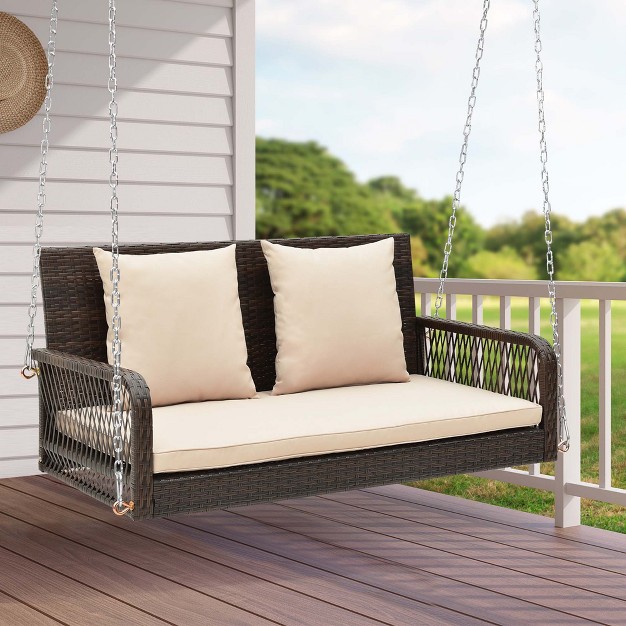 Costway Patio Wicker Porch Swing 2 person Hanging Loveseat Bench Chair With Cushions Beige black