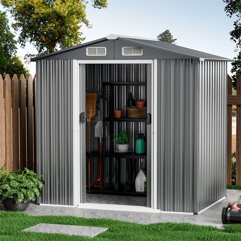 6 x 4 FT Outdoor Storage Shed Galvanized Steel Garden Storage Shed with Lockable Double Sliding Door