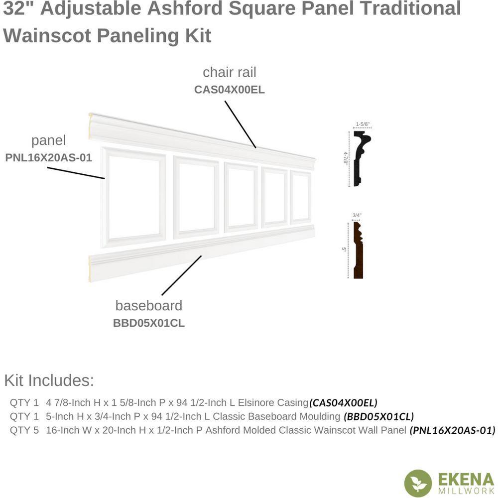 Ekena Millwork 94 12 in. Adjustable 32 in. to 36 in. Ashford Square Panel Traditional Wainscot Paneling Kit WPKUSQ011P032