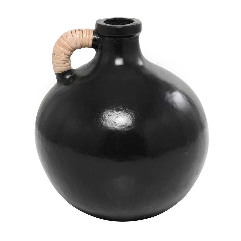 Black Ceramic Jug Inspired Vase with Rattan Wrapped Handle