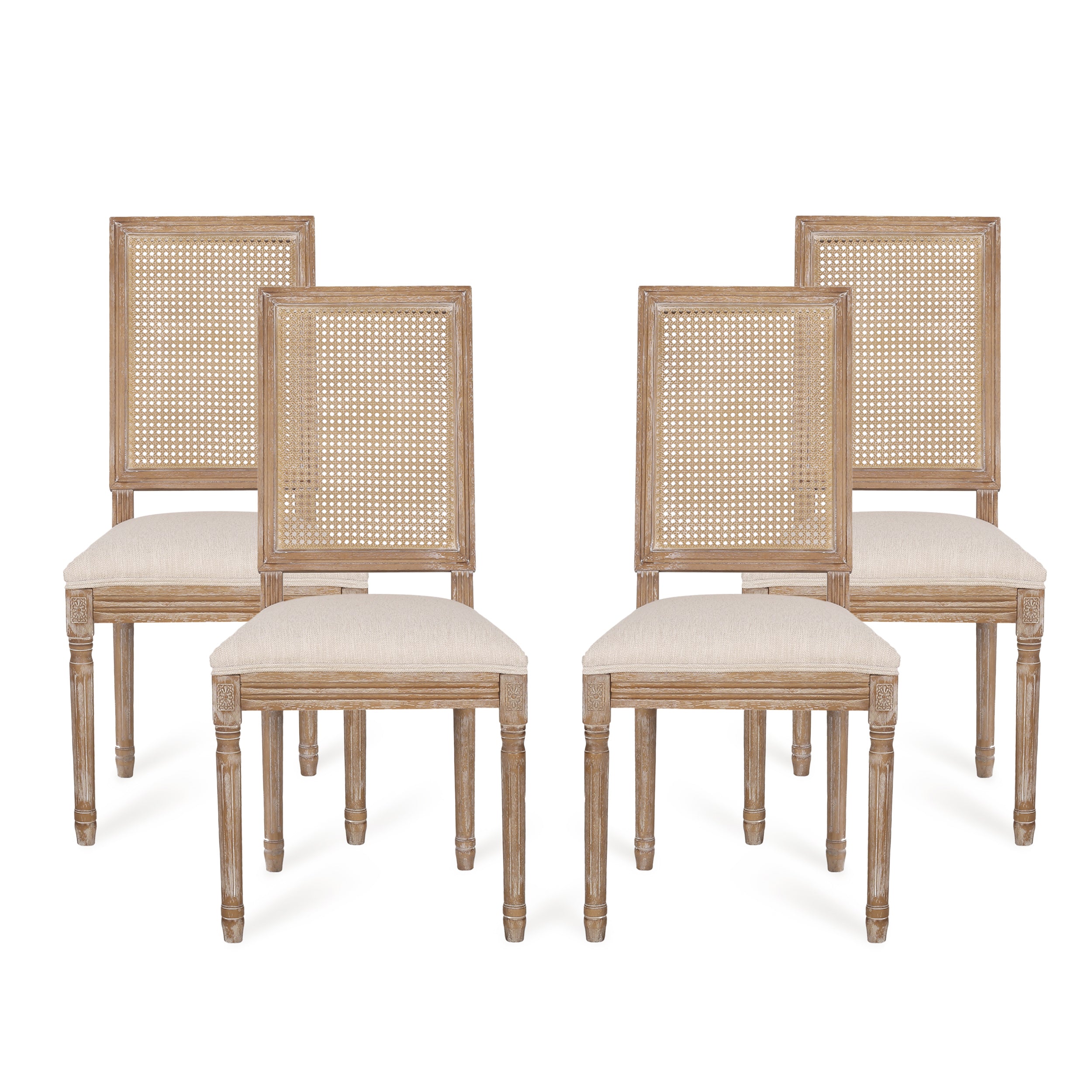 Brownell French Country Wood and Cane Upholstered Dining Chair, Set of 4