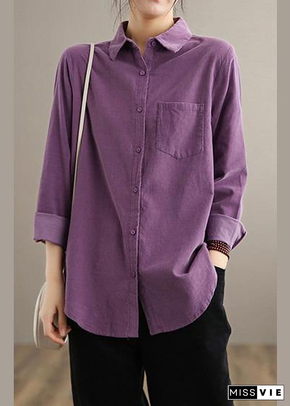 Style Lapel Pockets Spring Crane Tops Design Purple Shirt