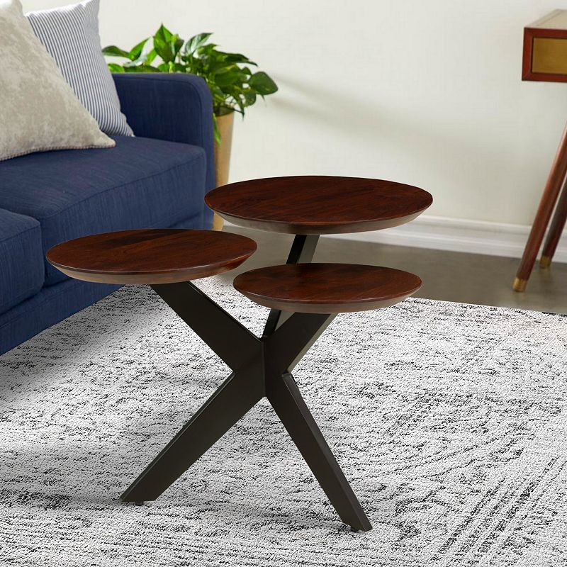 Modern Coffee Table with 3 Tier Wooden Top and Boomerang Legs， Brown and Black