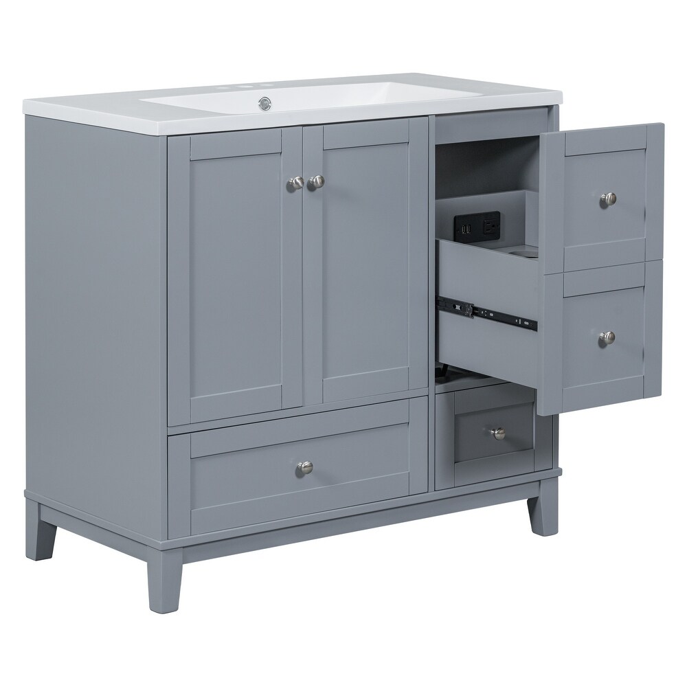 Modern Bathroom Vanity with Single Sink USB Charging  Two Doors and Three Drawers