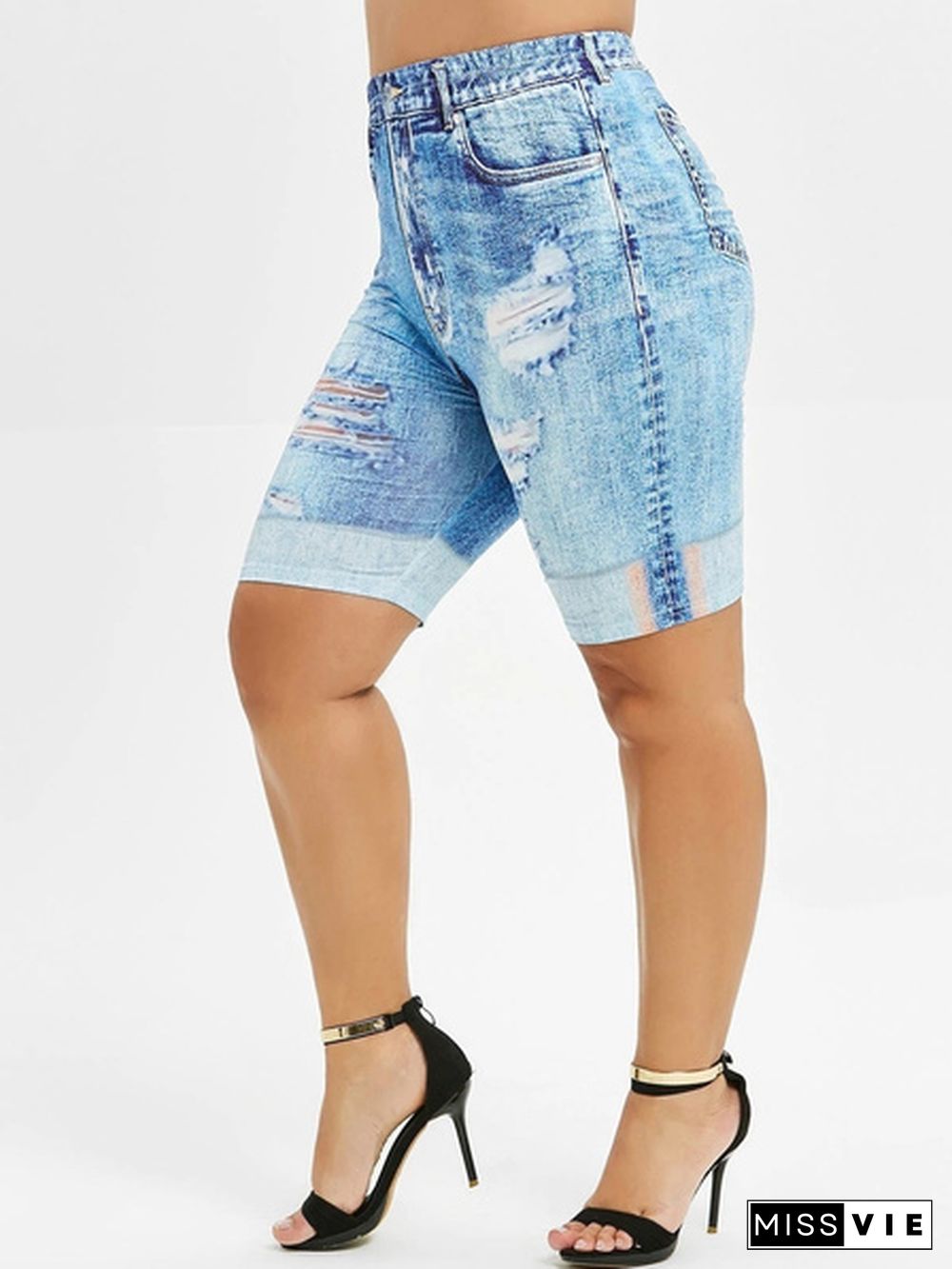 Women Fashion Shorts Ripped Skinny Faux Denim Jean Print Short Pants Plus Size