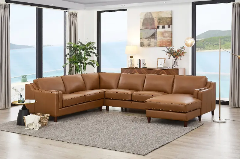 Ballari Cognac Brown Leather 4 Piece Sectional with Right-Facing Chaise