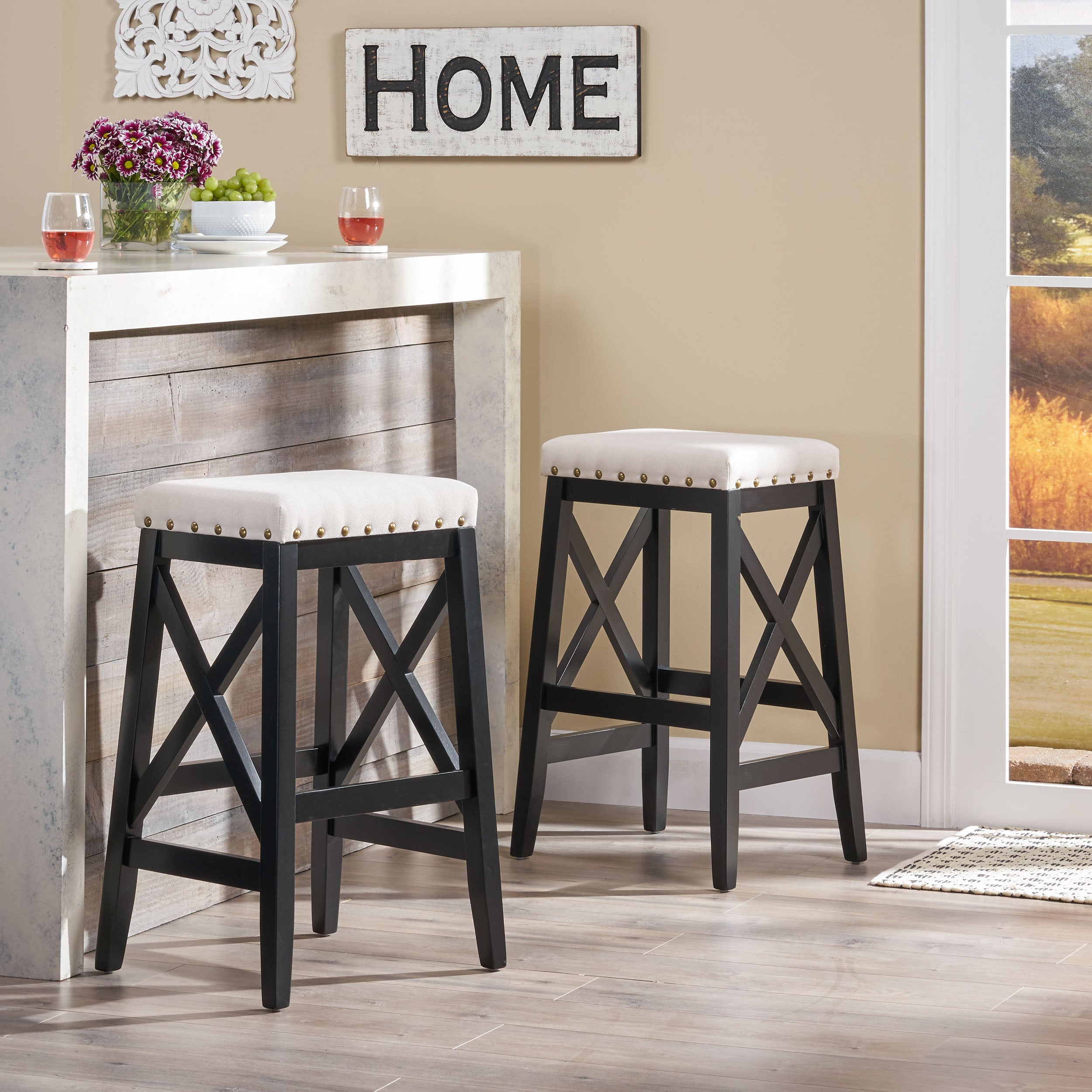 Nancy Contemporary Farmhouse Upholstered Fabric Barstools (Set of 2)