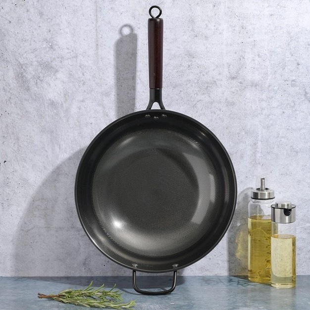 Gibson Home Stargaze 13 Inch Carbon Steel Nonstick Debossed Wok With Wood Handle In Black