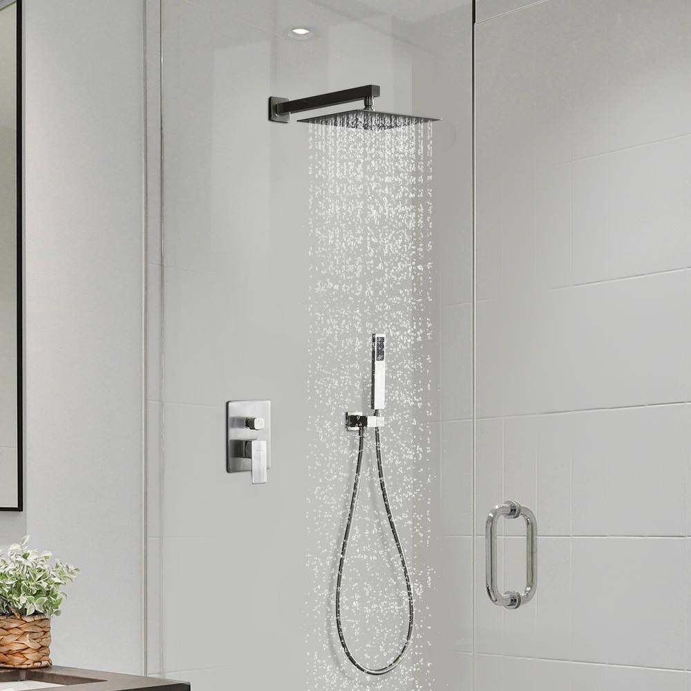 GIVING TREE 2-Spray Square 12 in. Rain Shower Head with Single-Handle Hand Shower Faucet in Brushed Nickel HDYN-MM0004