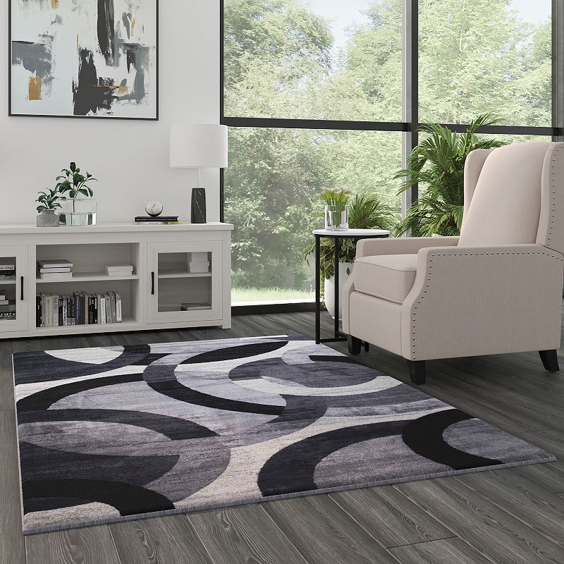 Masada Rugs Masada Rugs， Thatcher Collection Accent Rug with Interlocking Circle Pattern in Black and Grey with Olefin Facing and Natural Jute Backing - 5'x7'