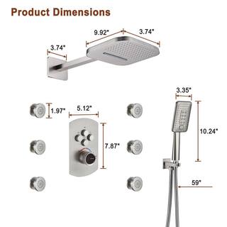 Mondawe Pressure Balanced 4-Spray Patterns 22 in. Wall Mounted Rainfall Dual Shower Heads with 6 Body Spray in Brushed Nickel WF6855-22BN