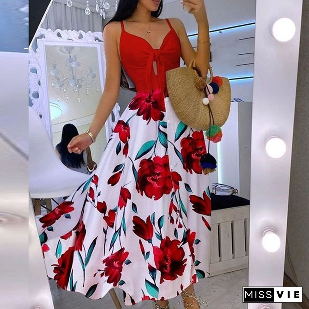 Women Fashion V-neck Tie Waist Floral Sling Dress Vacation Casual Long Skirt