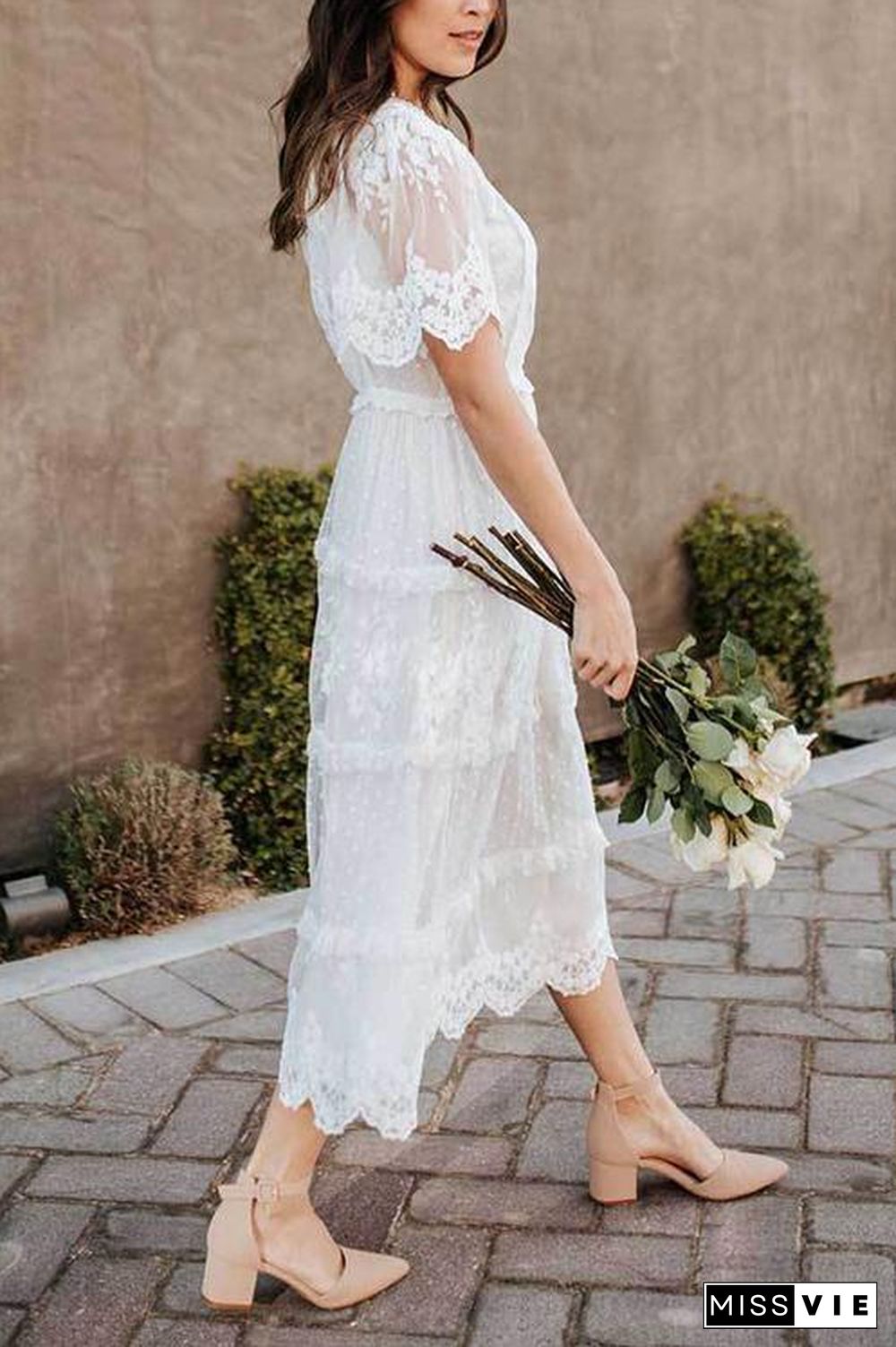 Button Lace V Neck Short Sleeve Maxi Dress