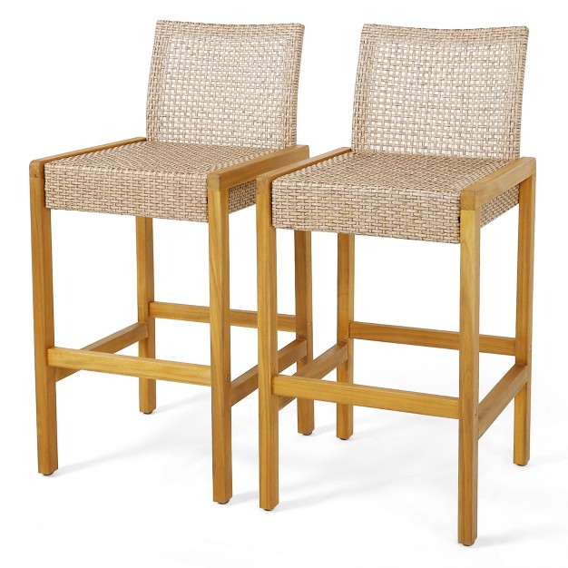 Costway Set Of 2 Patio Wood Barstools Rattan Bar Height Chairs With Backrest Porch Balcony