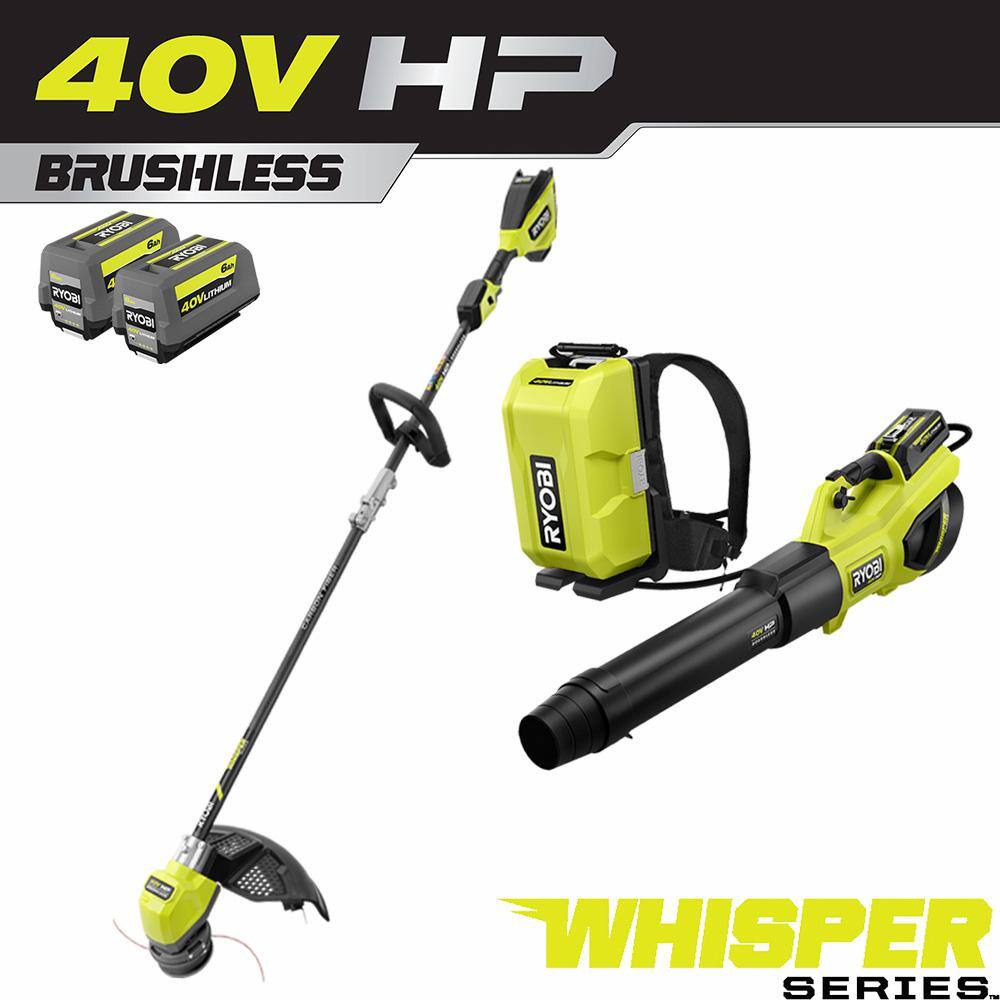 RYOBI 40V HP Brushless Whisper Series 190 MPH 730 CFM Blower String Trimmer and Backpack Battery w (2) 6.0 Ah Batteries RY404180-ST