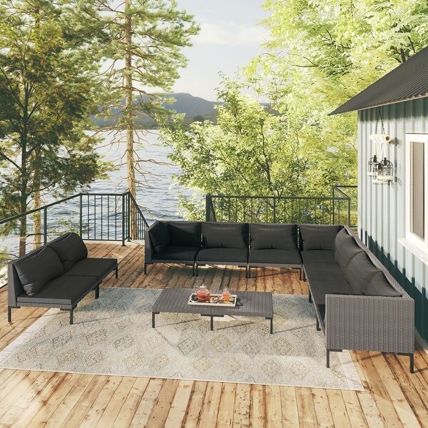 10 Piece Patio Lounge Set with Cushions Poly Rattan Dark Gray - Overstock - 36364777