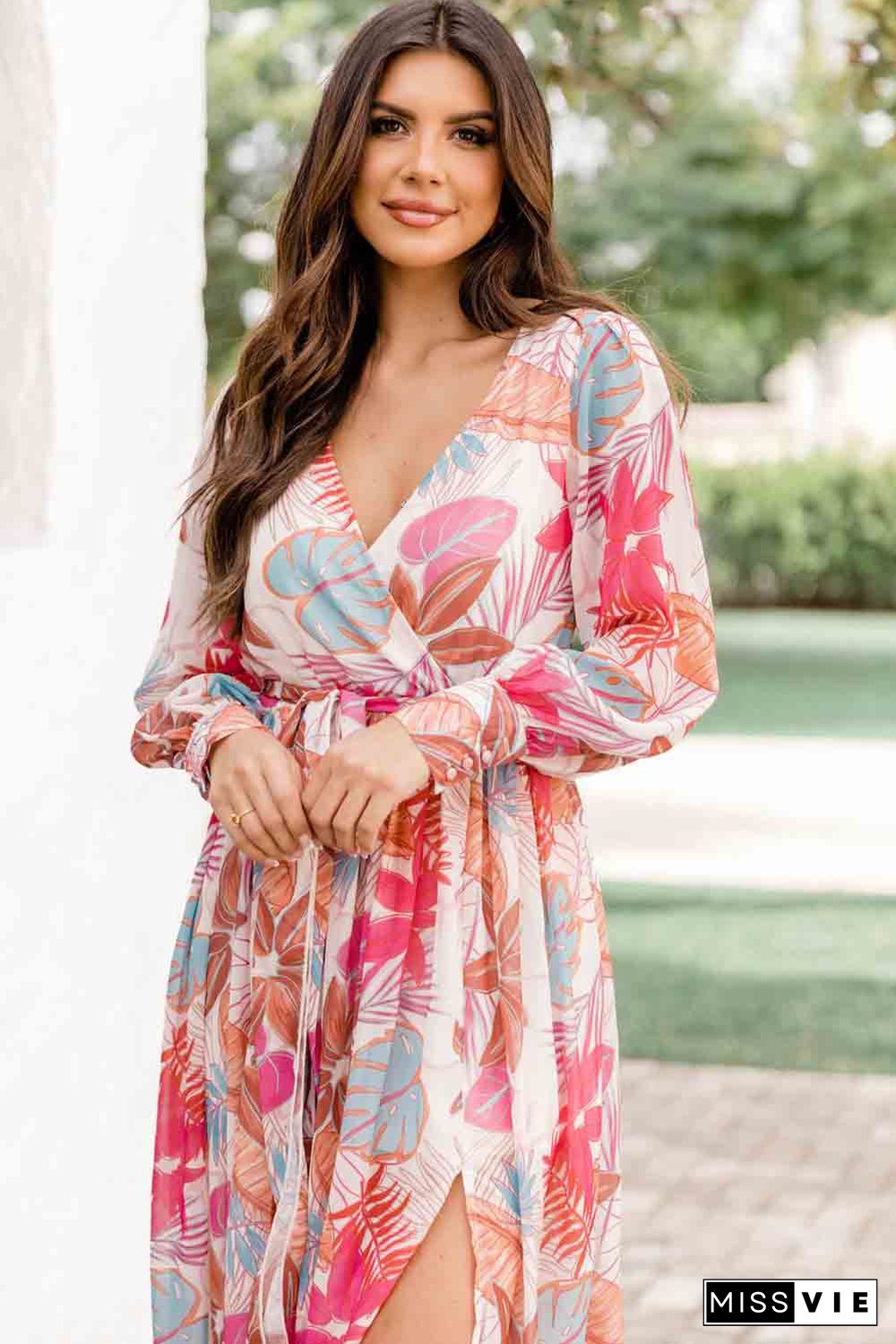 Tropical Plant Print Long Sleeve Wrap V-Neck Slit Maxi Dress