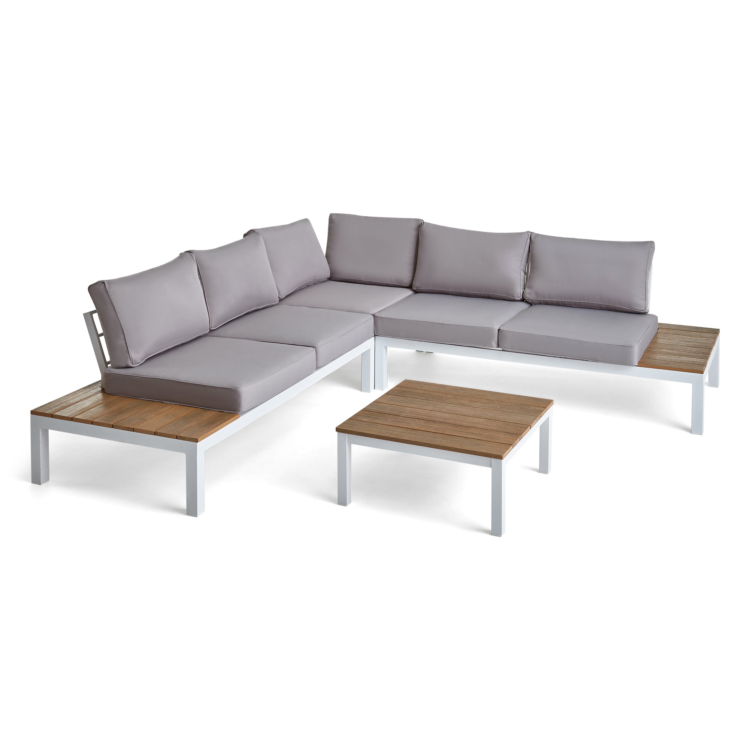 Blessen Outdoor Aluminum and Wood V-Shaped Sofa Set with Cushions