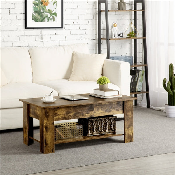 Modern Wood Lift Top Coffee Table with Hidden Compartment and Lower Shelf, Rustic Brown