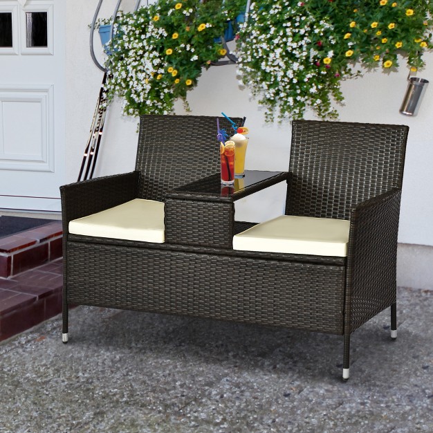 Outsunny Patio Wicker Conversation Furniture Set Outdoor Rattan 2 seater Chair Modern Loveseat W Cushions amp Tempered Glass Top Coffee Table For Garden Lawn Backyard