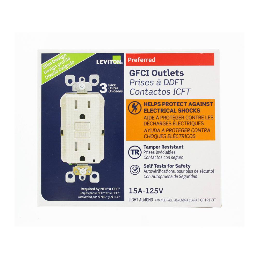 Leviton 15 Amp 125-Volt Duplex SmarTest Self-Test SmartlockPro Tamper Resistant GFCI Outlet Light Almond (3-Pack) M96-GFTR1-03T