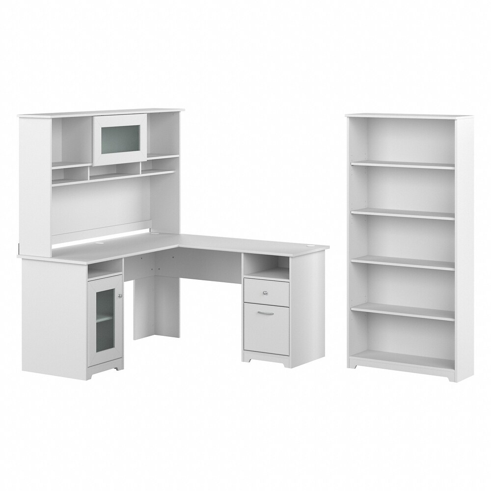 Cabot 60W L Desk with Hutch and 5 Shelf Bookcase by Bush Furniture