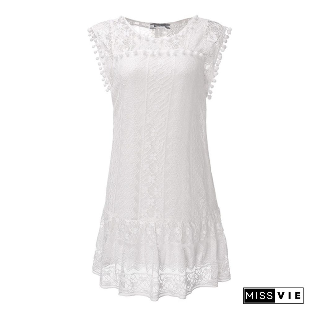 Women Hollow Out Lace Mini Dress Casual Evening Party Tassel Sleeveless White isfang