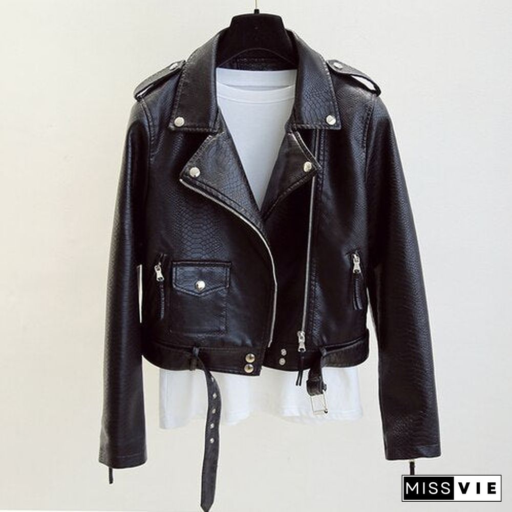 New Women Spring Autumn Faux Leather with Belt Jacket Female Punk Outwear Moto Biker Outwear Vintage Elegant Leather Coat