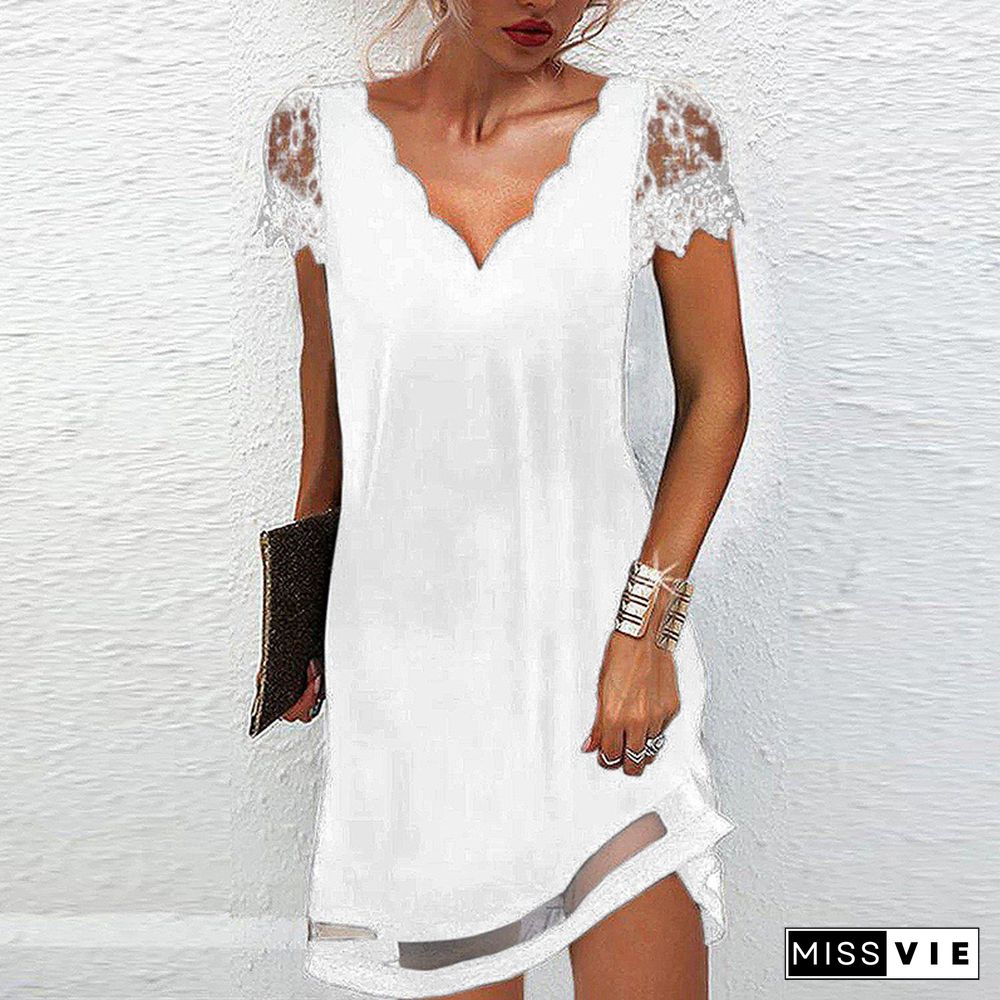 Elegant DressesFor Women V Neck Lace Sleeves Short Dress Women Spring Summer Sexy Ladies Short Sleeve Black Party Dress