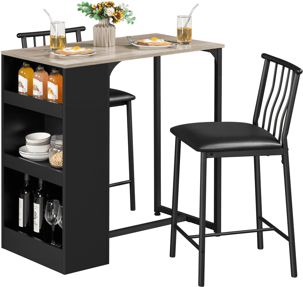 Topeakmart 3-Piece Wooden Counter Height Dining Table Set for Kitchen, Dining Room with Storage Black/Gray