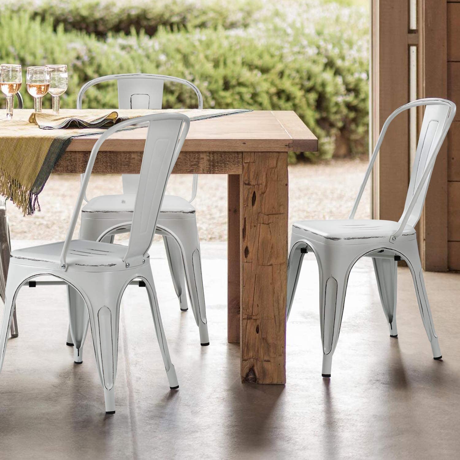 VINEEGO Metal Dining Chair Indoor-Outdoor Use Stackable Classic Trattoria Chair Fashion Dining Metal Side Chairs for Bistro Cafe Restaurant Set of 4 (DIstressed White)