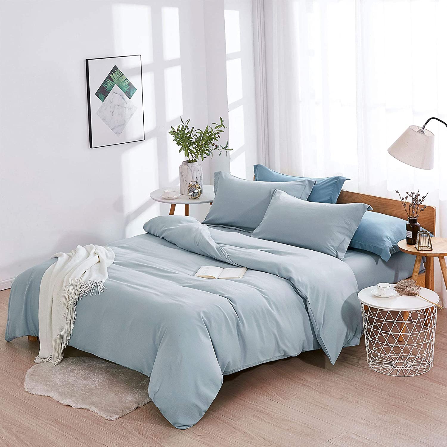 Dreaming Duvet Cover Set 100% Washed Microfiber 3 pcs Solid Color - Soft and Breathable with Zipper Closure & Corner Ties