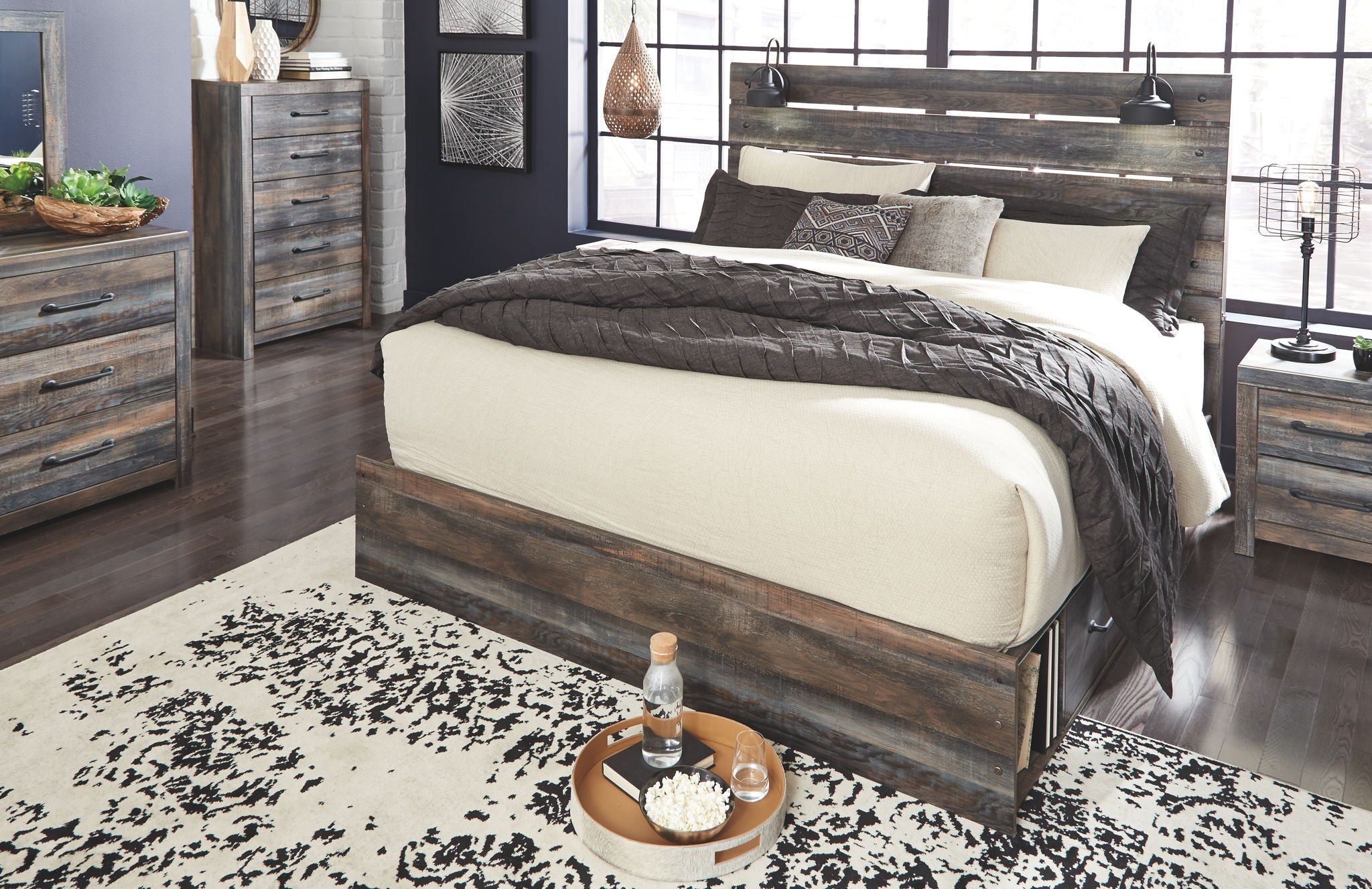 Drystan Multi Queen Bed with storage footboard with Dresser and Mirror