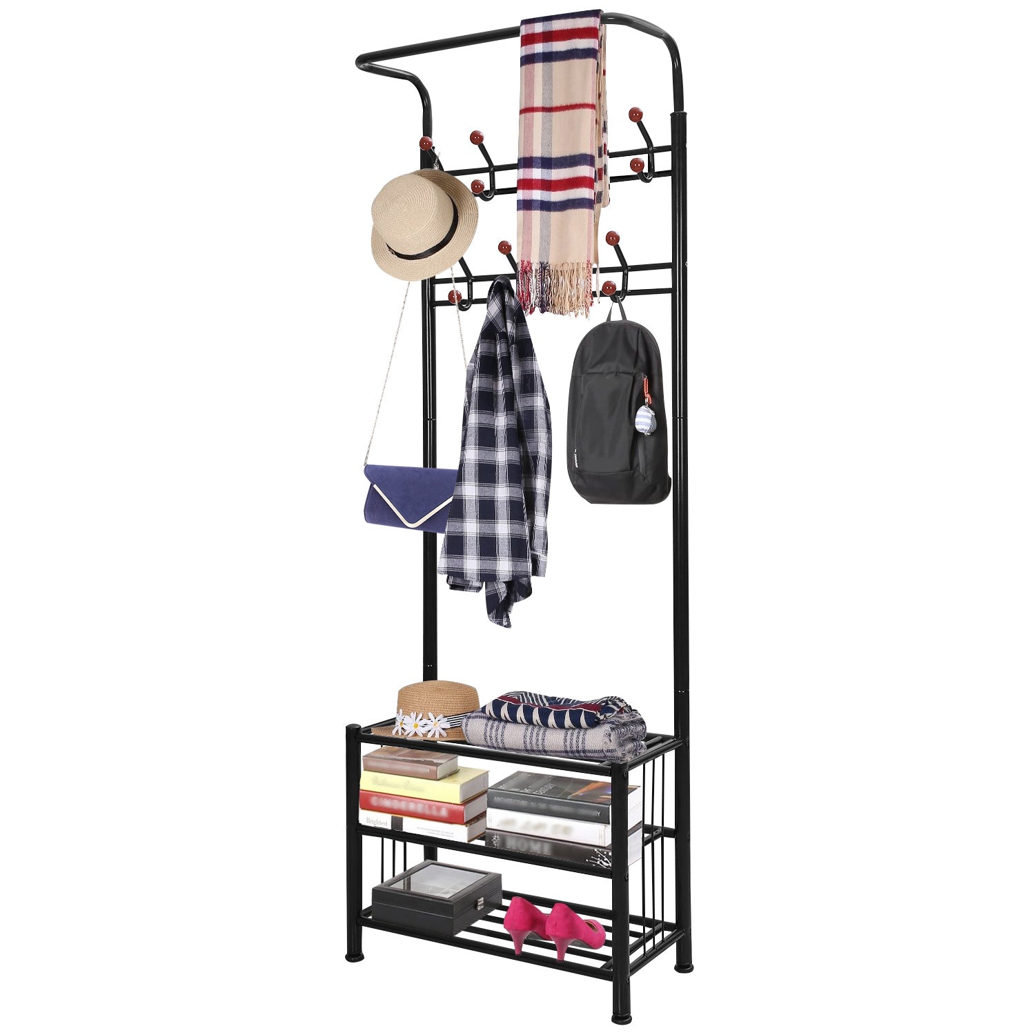 iMountek 18 Hooks Metal Coat Hat Rack 3-Tier Shoe Shelf Stand Cloth Hanger Holder Standing Entryway Shelf