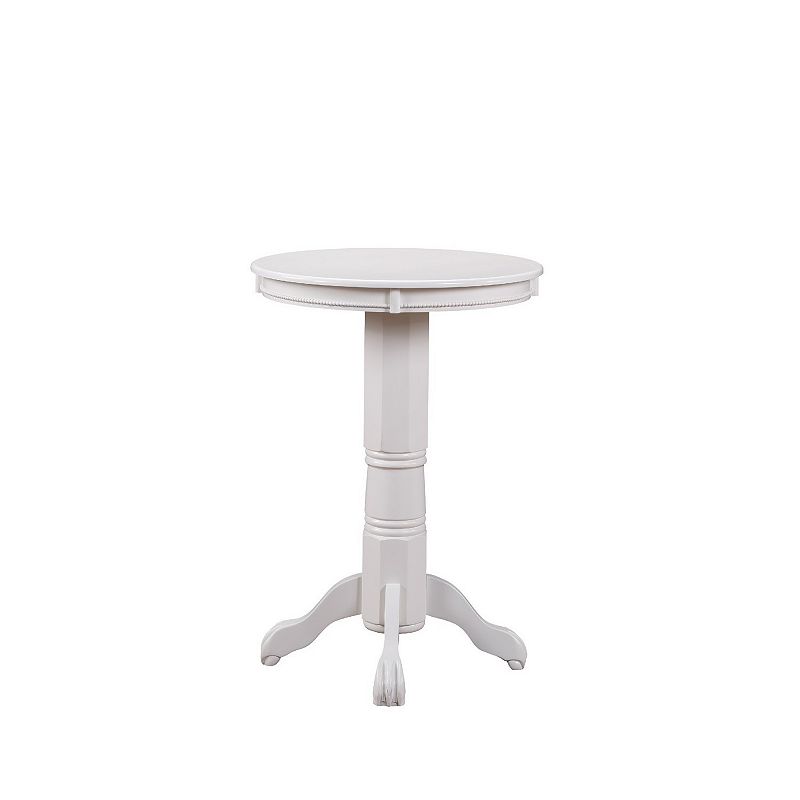 Ava 42 Inch Wood Pub Bar Table， Molded Trim， Carved Pedestal， White