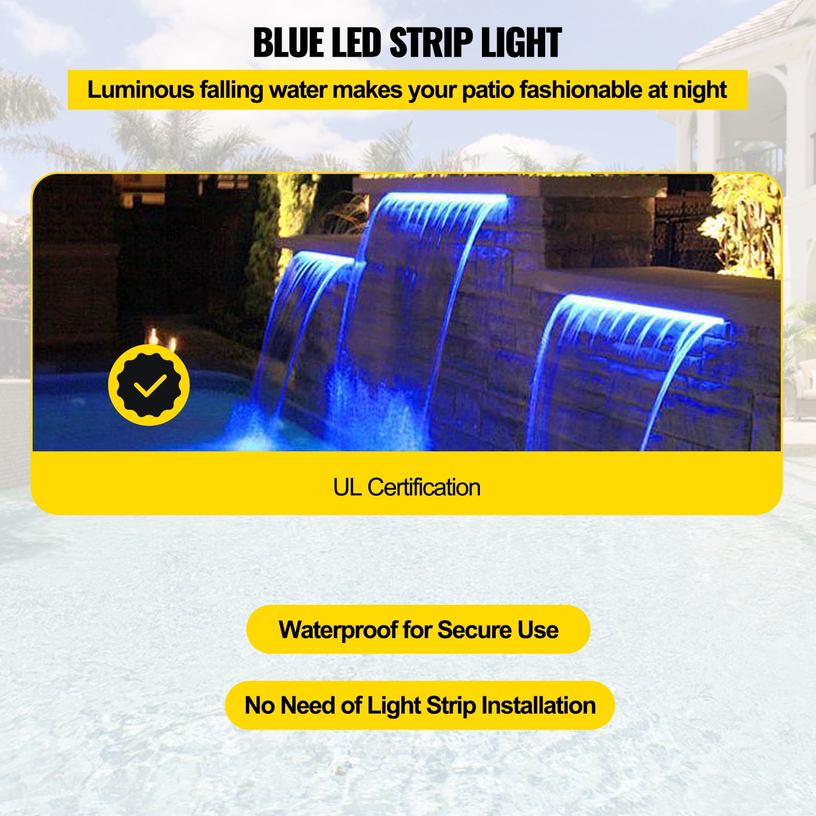 VEVORbrand Pool Fountain Spillway 11.8x3.2x8.1 inches， Blue Strip LED Light， Pool Waterfall Fountain Solid Acrylic for Garden Pond， Swimming Pool， Squares