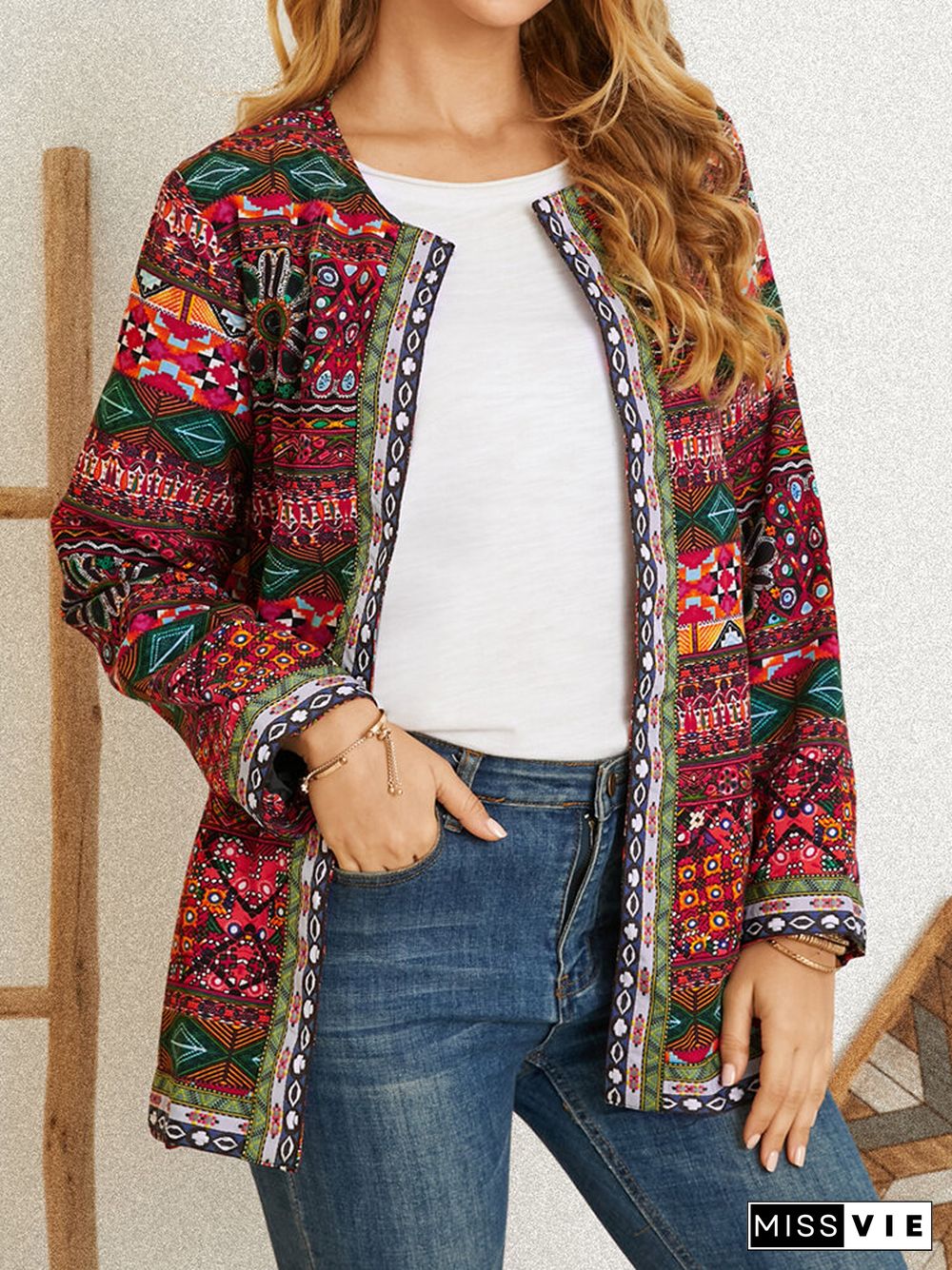 Vintage Ethnic Print Ribbon Patchwork Pockets Long Sleeve Jackets