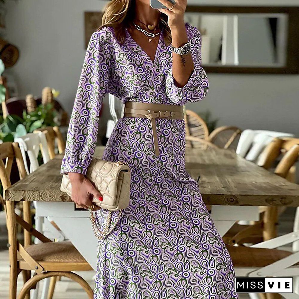 Autumn Vintage Boho Print Long Dress Women Elegant Long Sleeve V Neck Belt Dress Ladies Fashion Loose Office A-Line Dresses