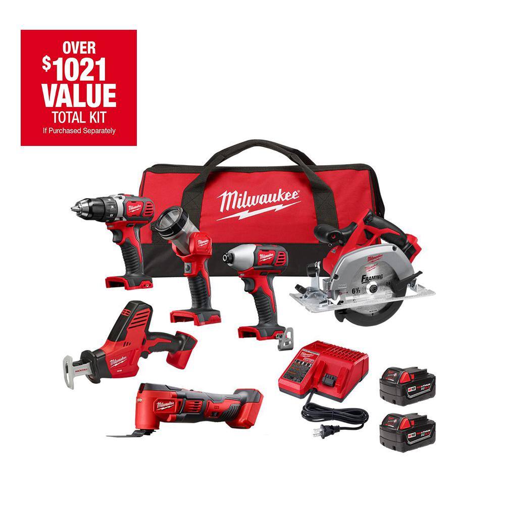 MW M18 18V Lithium-Ion Cordless Combo Kit (6-Tool) with Two 3.0 Ah Batteries 1 Charger 1 Tool Bag 2691-26