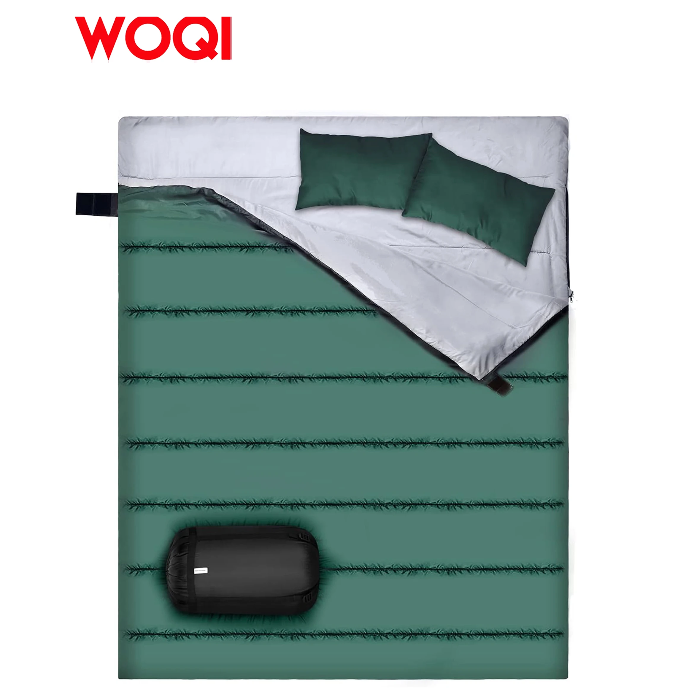 WOQI camping  backpacking or hiking double sleeping bag  lightweight waterproof double sleeping bag with 2 pillows