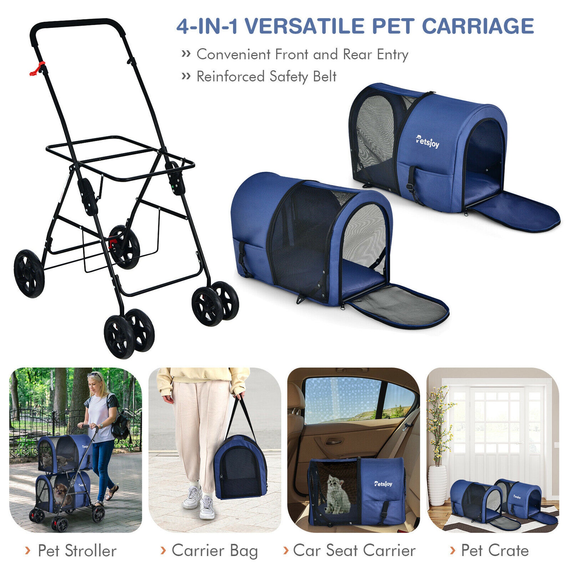 generic 4-in-1 Double Pet Stroller w/ Detachable Carrier Travel Carriage for Cats Blue