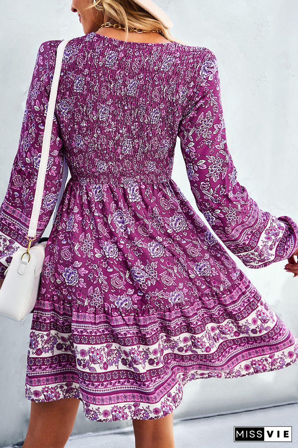 V Neck Smocked Boho Floral Long Sleeves Dress