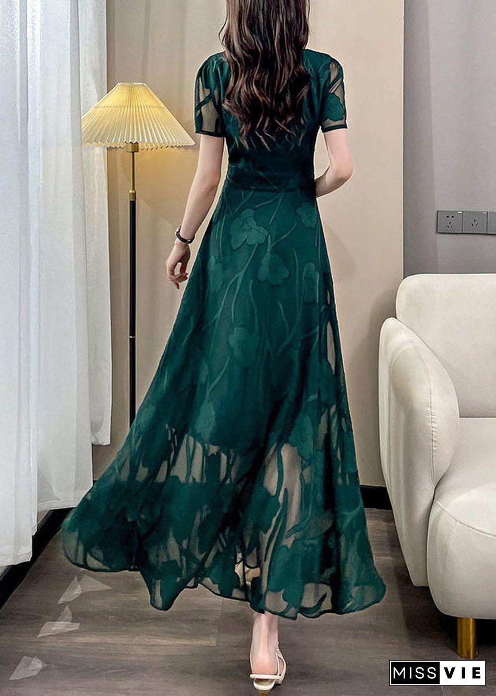 Jacquard Green Square Collar Draping Chiffon Maxi Dresses Summer