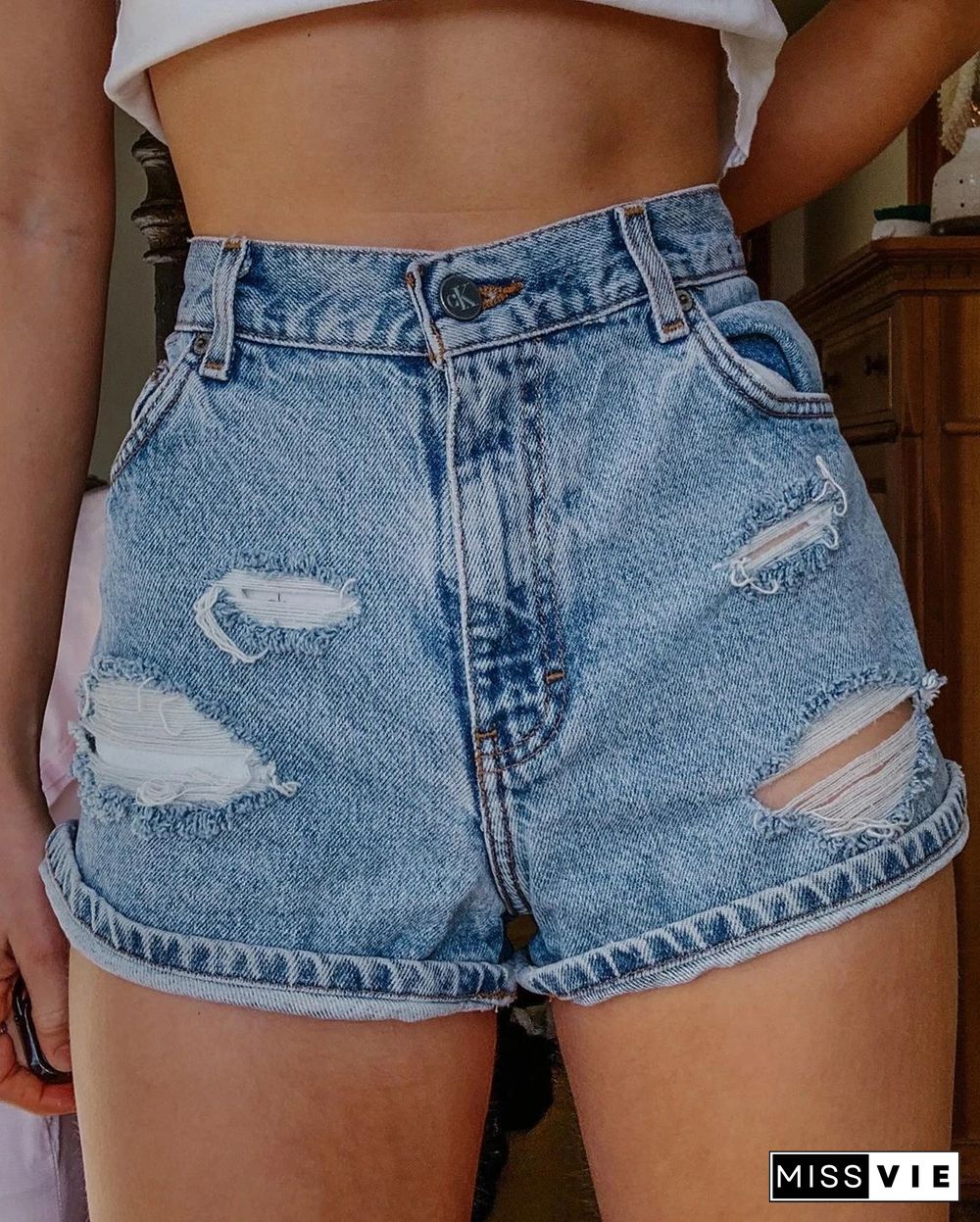 Casual Print Patchwork Denim Shorts