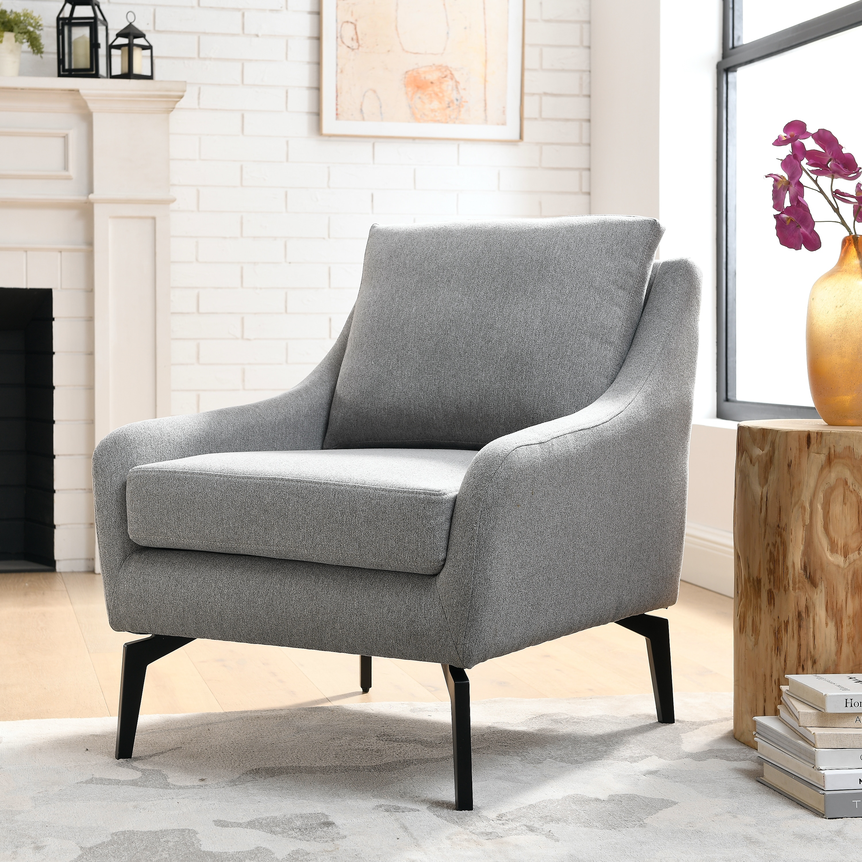 Accent Chair Fabric Thicken Padded Seat Arm Chairs with Metal Leg with Removable Back and Seat Cushion with Black metal legs