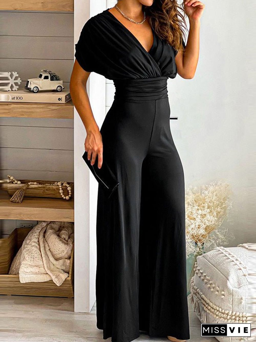 Women'S Jumpsuits Solid V-Neck Slim Fit Wide Leg Pants